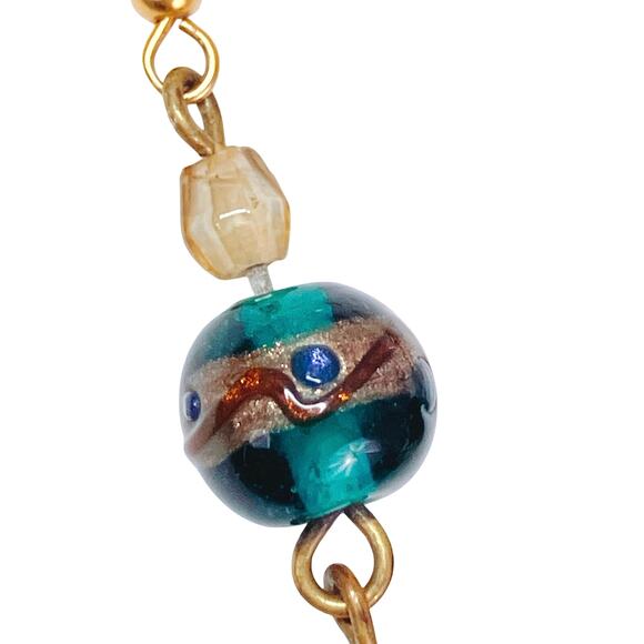 VTG Glass Lampwork Brass Earrings Green Boho Artisan Drop Dangle Ornate Earthy - Picture 9 of 16